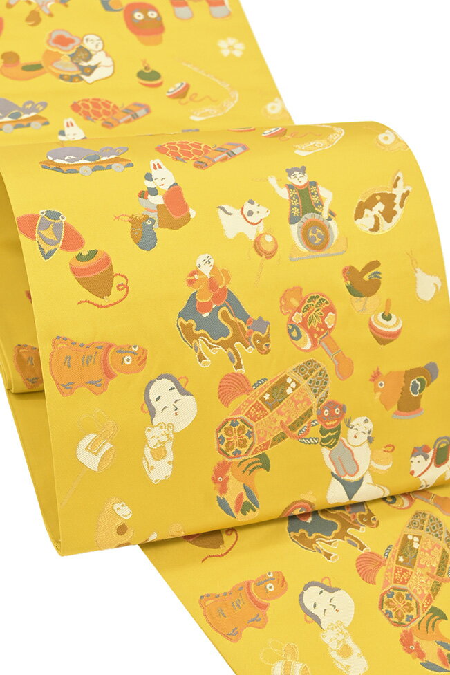 【ショップ評価★5ありがとう♪】着物だいやす 271■袋帯■西陣織　洛陽織物　千切屋　民芸玩具文　明辛子色【正絹】【仕立て上がり帯】　冬柄【送料無料】【新品】