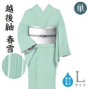 着物だいやす 027■紬■単衣 十日町 蕪重織物 縞 越後紬 青竹色 身長サイズ:L ガード加工【正絹】【仕立て上がり着物】【送料無料】【新品】