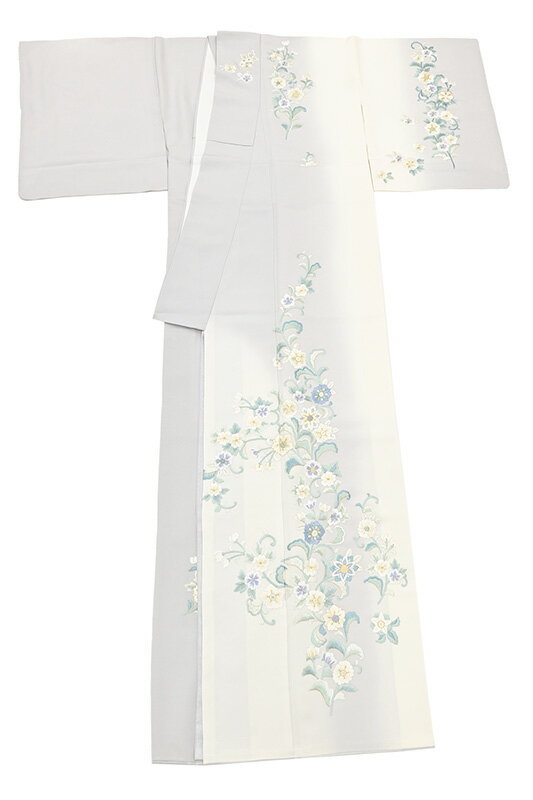 【ショップ評価★5ありがとう♪】着物だいやす 646■訪問着■刺繍　丹後ちりめん　草花文　白×アイスグレー　特選　身長サイズ：L　ガード加工【正絹】【仕立て上がり着物】【送料無料】【新品】