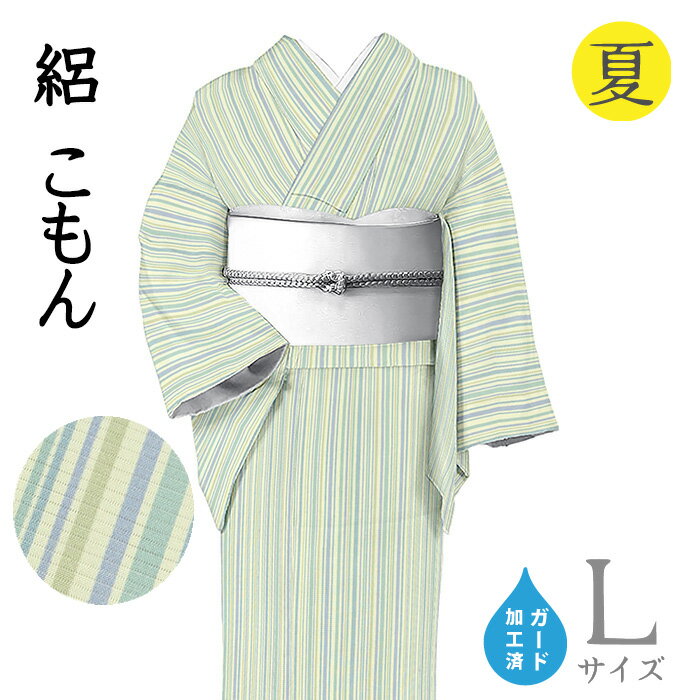 Rakuten - 【ショップ評価★5ありがとう♪】着物だいやす 955■小紋■京友禅　絽　夏　縞文　ストライプ　薄錆浅葱色　身長サイズ：L　ガード加工【正絹】【仕立て上がり着物】【送料無料】【新品】