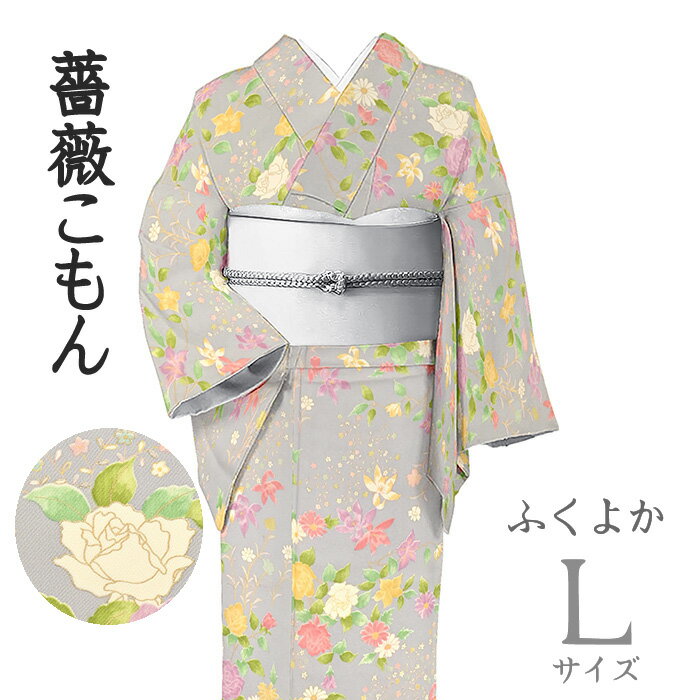Rakuten - 【ショップ評価★5ありがとう♪】着物だいやす 131■小紋■バラ文　草花　薄銀鼠色　身長サイズ：L　ふくよか【正絹】【仕立て上がり着物】【送料無料】【中古】