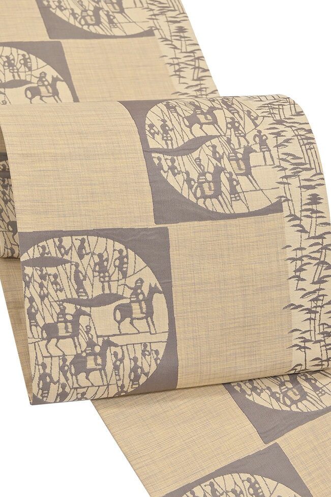 【ショップ評価★5ありがとう♪】着物だいやす 203■袋帯■西陣織　工芸帯地木屋太　風通御召　色紙騎馬文　薄伽羅色【正絹】【仕立て上がり帯】【送料無料】【中古】