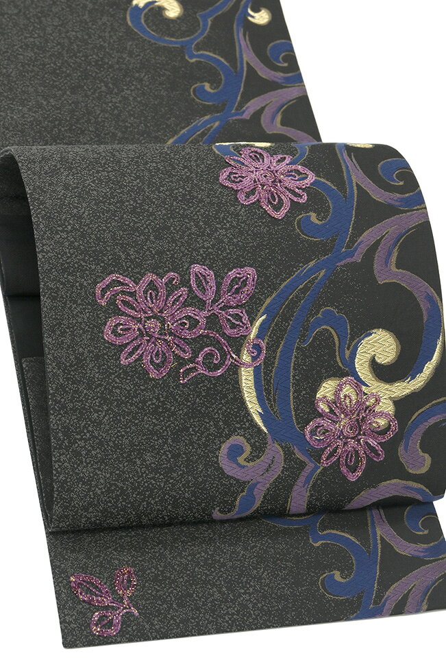 【ショップ評価★5ありがとう♪】着物だいやす 286■袋帯■片寄モダン唐草文　モール　コード刺繍　洒落袋　黒色【正絹】【仕立て上がり帯】【送料無料】【中古】