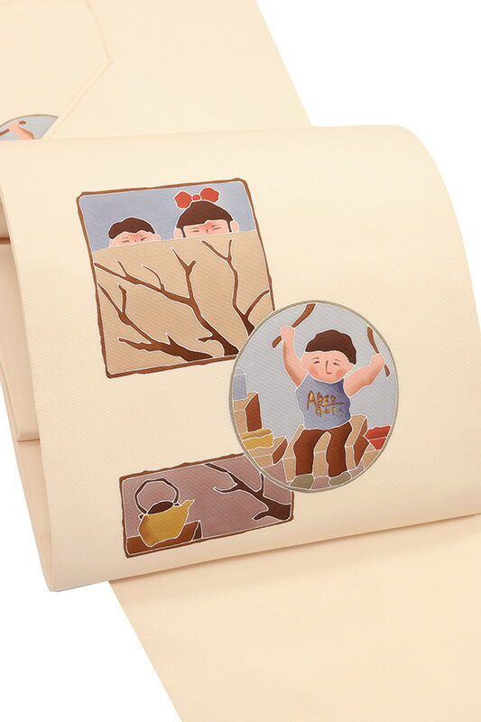 【ショップ評価★5ありがとう♪】着物だいやす 466■名古屋帯■手描き友禅　塩瀬　色紙に童子文　ペールオレンジ【正絹】【仕立て上がり帯】　染め帯【送料無料】【中古】