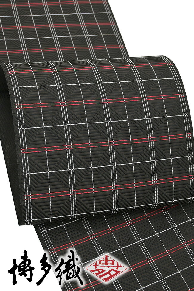 着物だいやす 499■八寸名古屋帯■本場筑前博多織　幾何学格子文　黒地【正絹】【仕立て上がり帯】【送料無料】【新品】