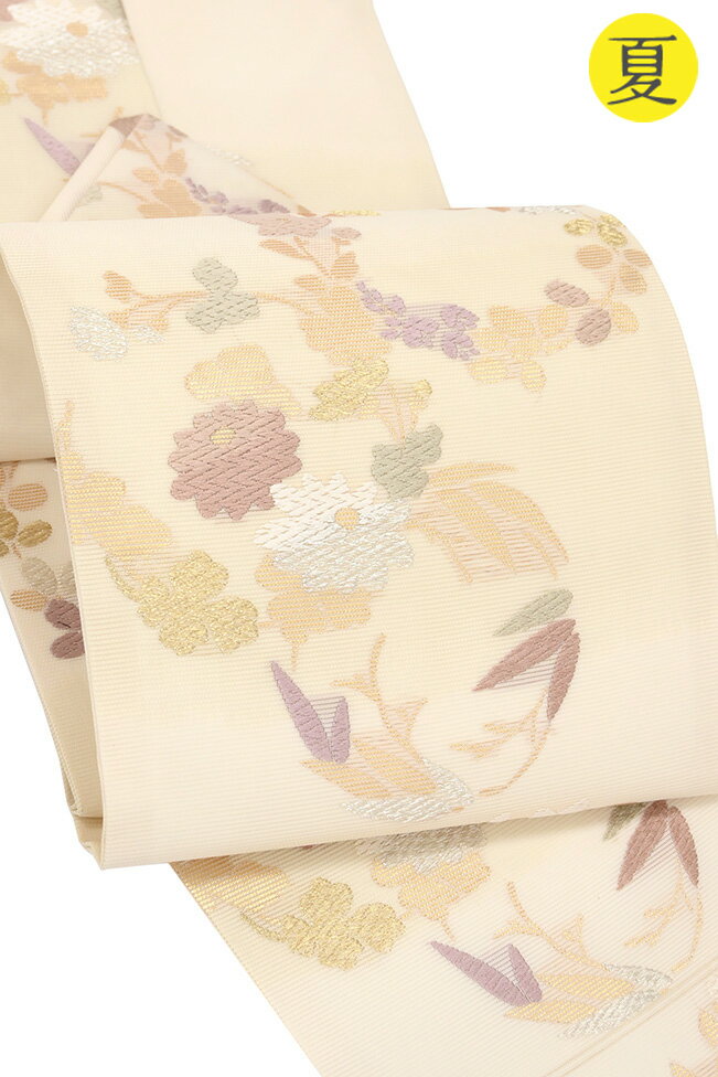 樂天商城 - 【ショップ評価★5ありがとう♪】着物だいやす 541■名古屋帯■西陣織　錦和　唐織　夏帯　秋草丸文　薄香色横段地【正絹】【仕立て上がり帯】【送料無料】【新品】
