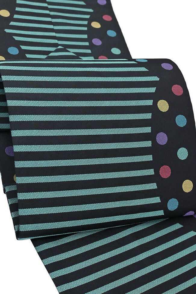 Rakuten - 【ショップ評価★5ありがとう♪】着物だいやす 392■名古屋帯■西陣織　糀織物　縞に水玉文　ストライプドット　黒地【正絹】【仕立て上がり帯】【送料無料】【新品】