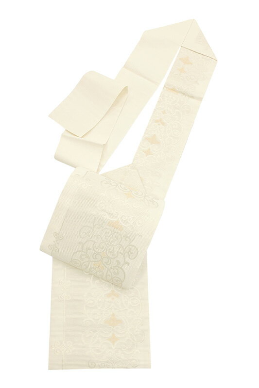 着物だいやす 618■名古屋帯■西陣織　佐々木染織　夏帯　唐草装飾文　白地×銀糸【正絹】【仕立て上がり帯】【送料無料】【新品】