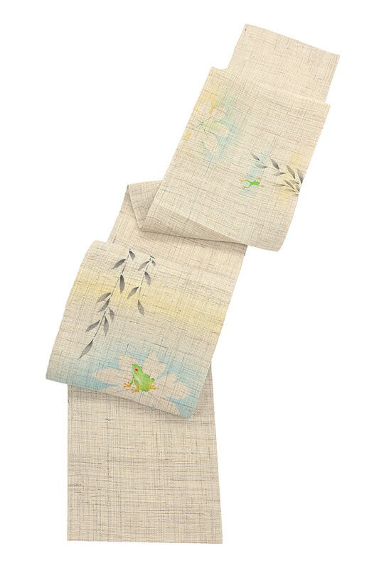 【ショップ評価★5ありがとう♪】着物だいやす 754■八寸名古屋帯■召しませ華　麻　蛙に柳　ベージュ　染め帯　夏【麻】【仕立て上がり帯】【送料無料】【新品】