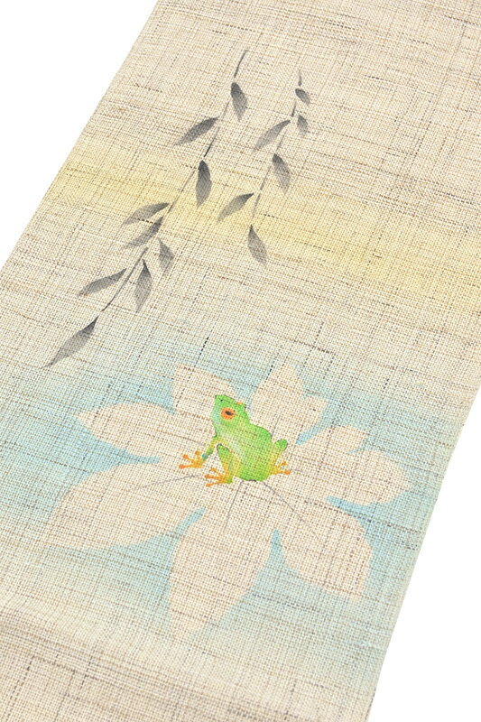 【ショップ評価★5ありがとう♪】着物だいやす 754■八寸名古屋帯■召しませ華　麻　蛙に柳　ベージュ　染め帯　夏【麻】【仕立て上がり帯】【送料無料】【新品】