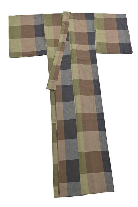 【ショップ評価★5ありがとう♪】着物だいやす 531■木綿きもの■片貝木綿　紺仁　小千谷織物　単衣　大格子文　暗御召茶色　身長サイズ：L【木綿】【仕立て上がり着物】【送料無料】【新品】