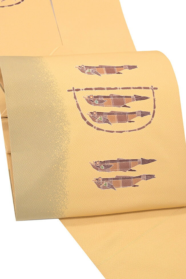 【ショップ評価★5ありがとう♪】着物だいやす 883■名古屋帯■手描き友禅　縮緬　魚文　たたき染　赤香色【正絹】【仕立て上がり帯】　染め帯【送料無料】【中古】