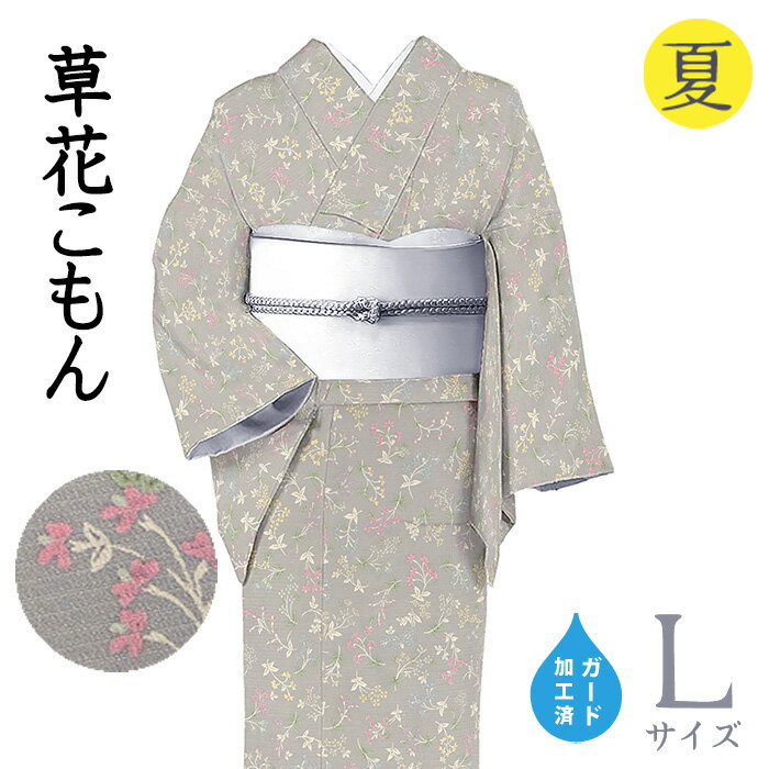 Rakuten - 【ショップ評価★5ありがとう♪】着物だいやす 582■小紋■五泉絽　絽縮緬　草花文　夏　グレー　身長サイズ：L　ガード加工【正絹】【仕立て上がり着物】【送料無料】【新品】