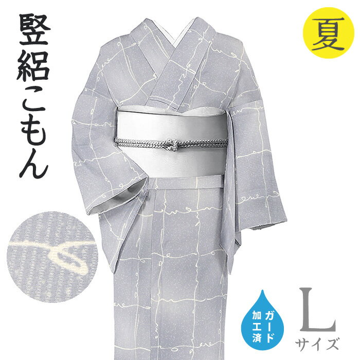 Rakuten - 【ショップ評価★5ありがとう♪】着物だいやす 590■小紋■竪絽　蔓格子文　夏　薄鼠色　ガード加工　身長サイズ：L【正絹】【仕立て上がり着物】【送料無料】【新品】