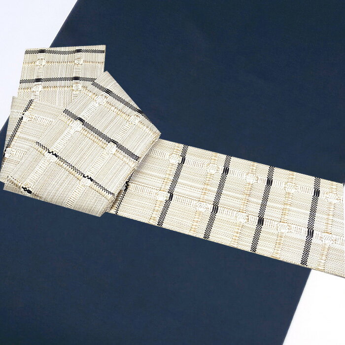 【ショップ評価★5ありがとう♪】着物だいやす 051■角帯■米沢織　宝来織　近賢織物　紙格子　お洒落　男性用　白色×消墨色【正絹】【未仕立て帯】【送料無料】【新品】