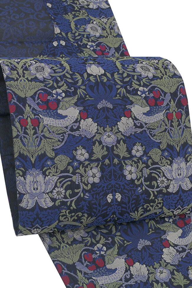 【ショップ評価★5ありがとう♪】着物だいやす 087■名古屋帯■西陣織 佐々木染織 いちご泥棒 ウィリアムモリス 3シーズン 紺青色【正絹】【仕立て上がり帯】 掲載【送料無料】【新品】