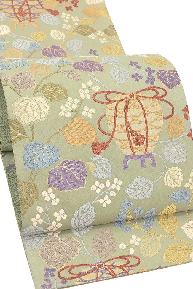 【ショップ評価★5ありがとう♪】着物だいやす 160■袋帯■唐織　虫籠に秋海棠文様　薄山鳩色【正絹】【仕立て上がり帯】【送料無料】【中古】