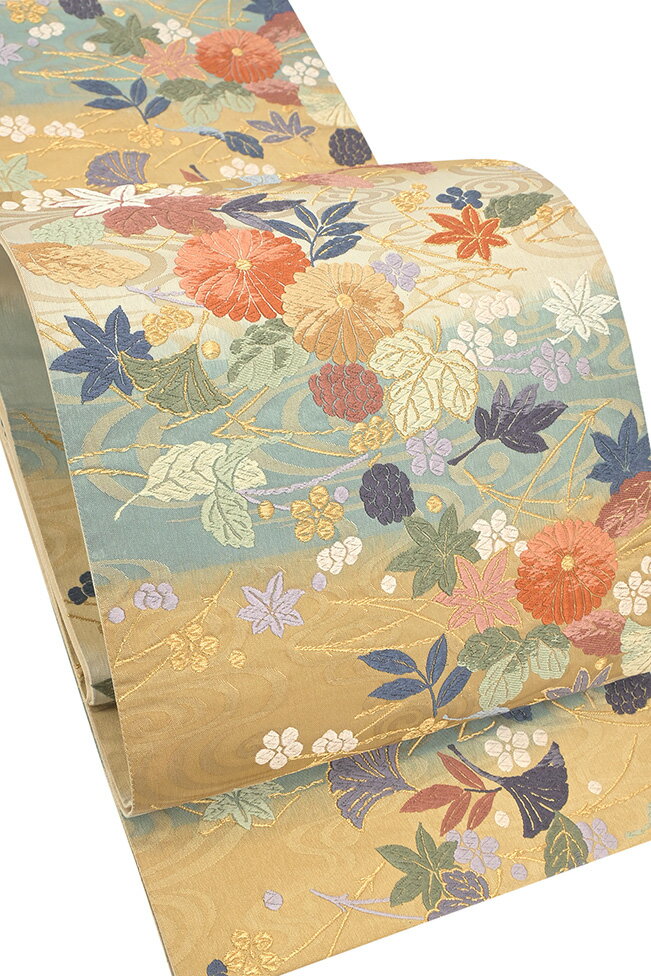 【ショップ評価★5ありがとう♪】着物だいやす 163■袋帯■唐織　流水に吹き寄せ文　薄小麦色×薄砂色×薄サックスブルー【正絹】【仕立て上がり帯】【送料無料】【中古】(4)