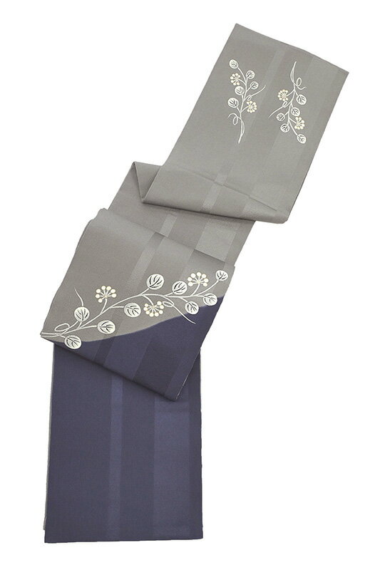 【ショップ評価★5ありがとう♪】着物だいやす 171■開き名古屋帯■縮緬　染め帯　手描き友禅　実付き蔦草文　灰色×青褐色【正絹】【仕立て上がり帯】【送料無料】【中古】