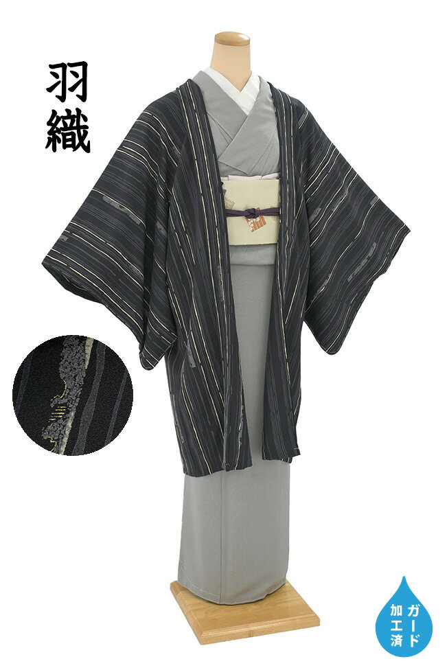 【ショップ評価★5ありがとう♪】着物だいやす 730■羽織■丹後ちりめん　縦縞に桜短冊文　黒色　身長サイズ：L　ガード加工【正絹】【仕立て上がり着物】　掲載【送料無料】【新品】