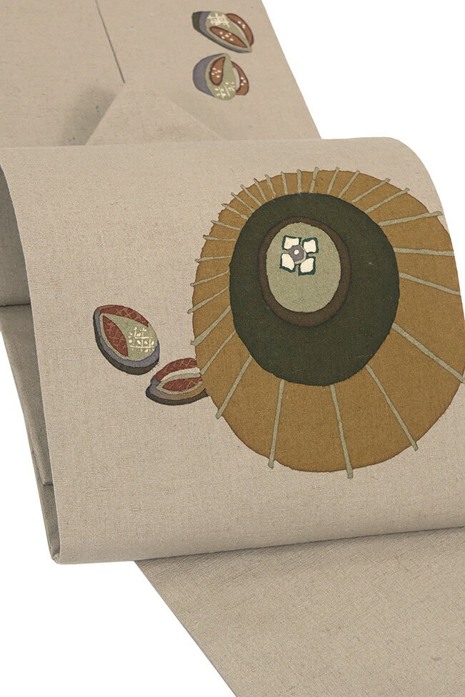 【ショップ評価★5ありがとう♪】着物だいやす 117■名古屋帯■手織り 栗まゆ紬 栗繭 野蚕 染め帯 傘にこっぽり文 薄コルク色 【正絹】【仕立て上がり帯】【送料無料】【中古】