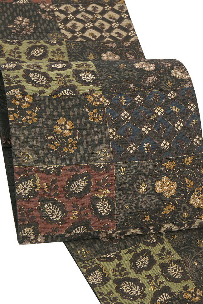 Rakuten - 【ショップ評価★5ありがとう♪】着物だいやす 121■袋帯■西陣織　草木染　洒落袋　更紗市松文　黒地【正絹】【仕立て上がり帯】【送料無料】【中古】