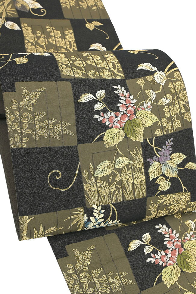 Rakuten - 【ショップ評価★5ありがとう♪】着物だいやす 270■袋帯■四季花源氏香文　桐花　古典柄　黒地　金糸【正絹】【仕立て上がり帯】【送料無料】【中古】