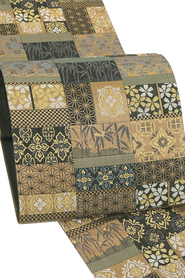 Rakuten - 【ショップ評価★5ありがとう♪】着物だいやす 272■袋帯■笹桜市松取文　古典柄　黒地　金糸【正絹】【仕立て上がり帯】【送料無料】【中古】