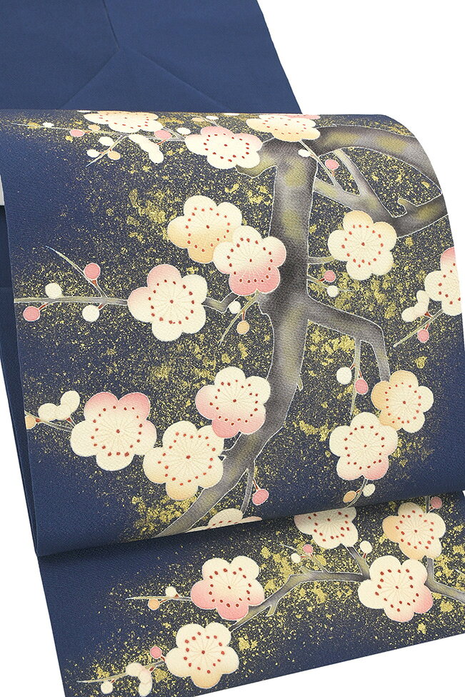 Rakuten - 【ショップ評価★5ありがとう♪】着物だいやす 280■名古屋帯■縮緬　染め帯　手描き友禅　枝梅文　紺青色　春・柄　冬柄　掲載【正絹】【仕立て上がり帯】【送料無料】【中古】