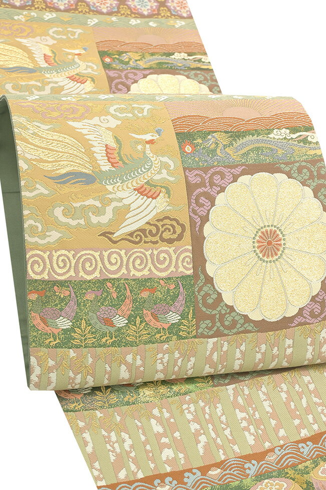 Rakuten - 【ショップ評価★5ありがとう♪】着物だいやす 432■袋帯■華鳳凰色紙取文　吉祥文　薄革色　金糸　フォーマル【正絹】【仕立て上がり帯】【送料無料】【中古】