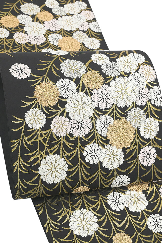 Rakuten - 【ショップ評価★5ありがとう♪】着物だいやす 437■袋帯■枝垂れ桜文　花　唐織　黒地×金糸　フォーマル　春・柄【正絹】【仕立て上がり帯】【送料無料】【中古】