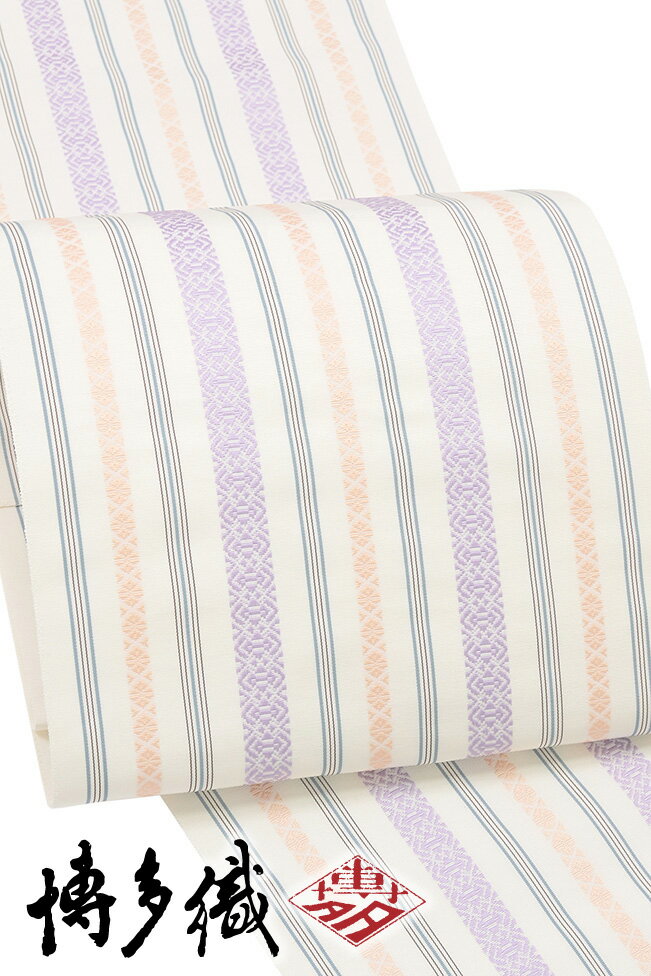 Rakuten - 【ショップ評価★5ありがとう♪】着物だいやす 770■八寸名古屋帯■本場筑前博多織　独鈷　献上柄　白地×東雲色×薄紫色【正絹】【仕立て上がり帯】【送料無料】【新品】