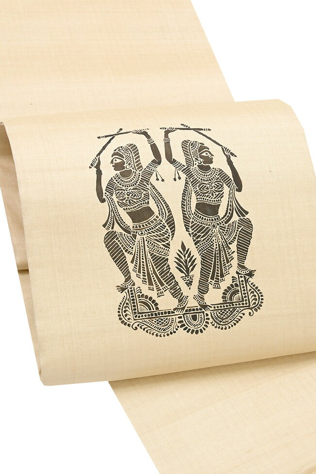 Rakuten - 【ショップ評価★5ありがとう♪】着物だいやす 778■袋帯■染め帯　洒落袋　紬　野蚕　ゴールデンムガ　手描き　踊り子　薄砥の粉色【正絹】【仕立て上がり帯】【送料無料】【中古】