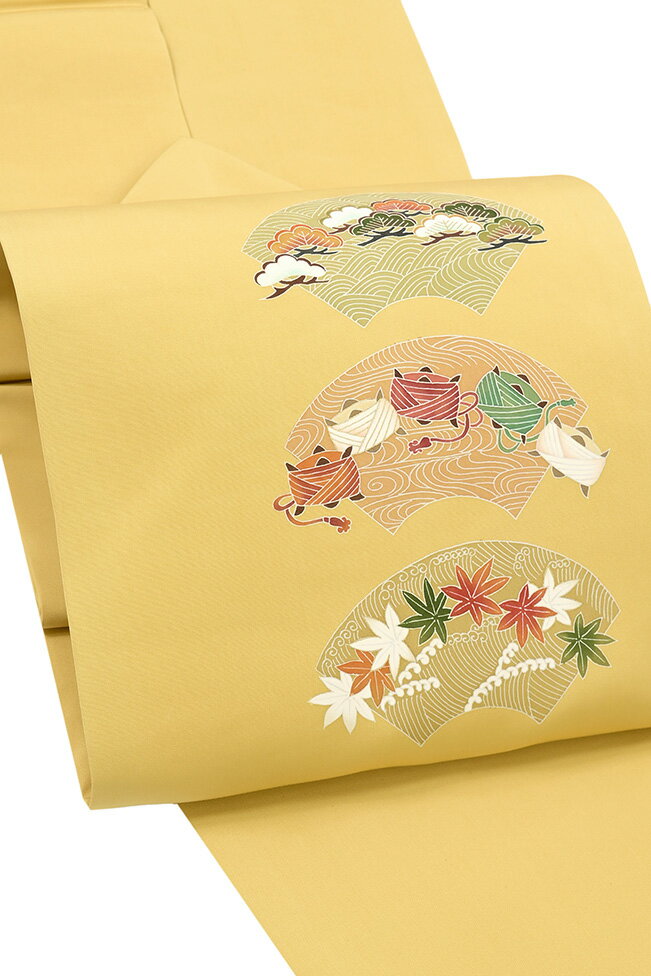 Rakuten - 【ショップ評価★5ありがとう♪】着物だいやす 780■名古屋帯■手描き友禅　塩瀬　松楓糸巻地紙文　染め帯　明木蘭色【正絹】【仕立て上がり帯】【送料無料】【中古】