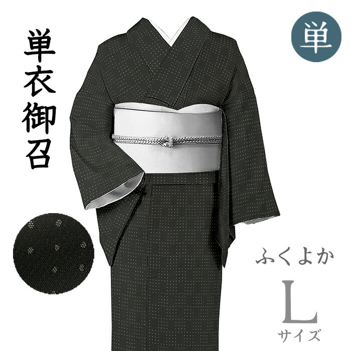 Rakuten - 【ショップ評価★5ありがとう♪】着物だいやす 890■お召■単衣　御召　ドット市松文　水玉　黒地　身長サイズ：L　ふくよか【正絹】【仕立て上がり着物】【送料無料】【中古】