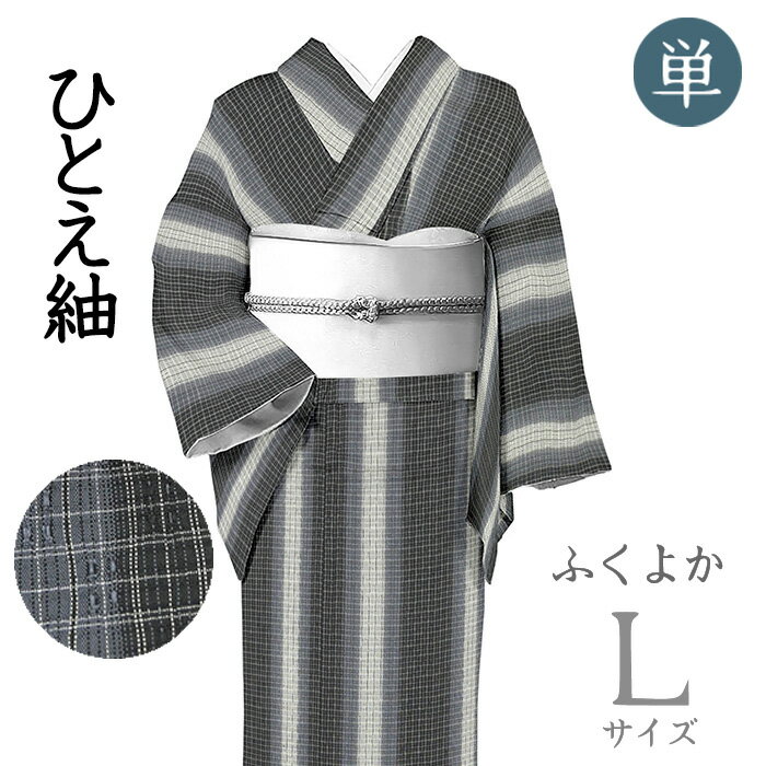 Rakuten - 【ショップ評価★5ありがとう♪】着物だいやす 891■紬■単衣　縞に浮織　花織調地紋　黒地　身長サイズ：L　ふくよか【正絹】【仕立て上がり着物】【送料無料】【中古】