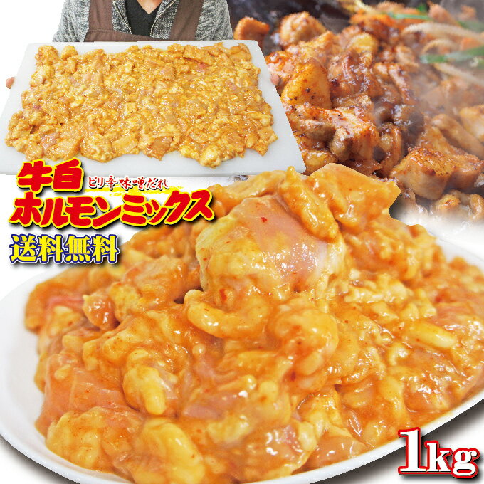 送料無料！牛白ホルモンミックスピリ辛味噌だれ1kg　冷凍品（500g×2袋）【シマ腸】【小腸】【ミノ】【バーベキュー】【BBQ】【焼肉】2セットご購入でおまけ付！10P03Dec16