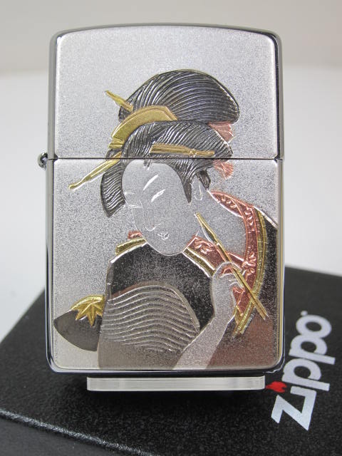 ジッポーライター: Zippo 電鋳板 【 浮世絵 】 200FB デンチュウバン ★ウキヨエ★ 着物 女性 キセル 煙管 おいらん 花魁 べらぼう オイラン ...