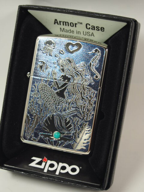 ジッポーライター： Zippo アーマー Mermaid  人魚 ターコイズ 《天然石》 //エッチング彫刻＆プリント// ホワイトニッケル＆ブルー armor ☆レギュラー☆ ♪綺麗!!♪      送料無料 送料込