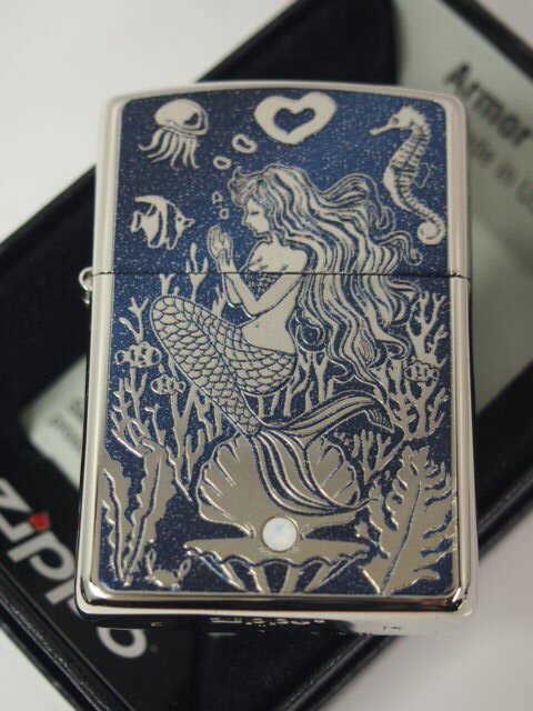 ジッポーライター： Zippo アーマー Mermaid  人魚 白 スワロフスキー //エッチング彫刻＆プリント// ホワイトニッケル＆ブルー armor ☆レギュラー☆ ♪綺麗!!♪      送料無料 送料込