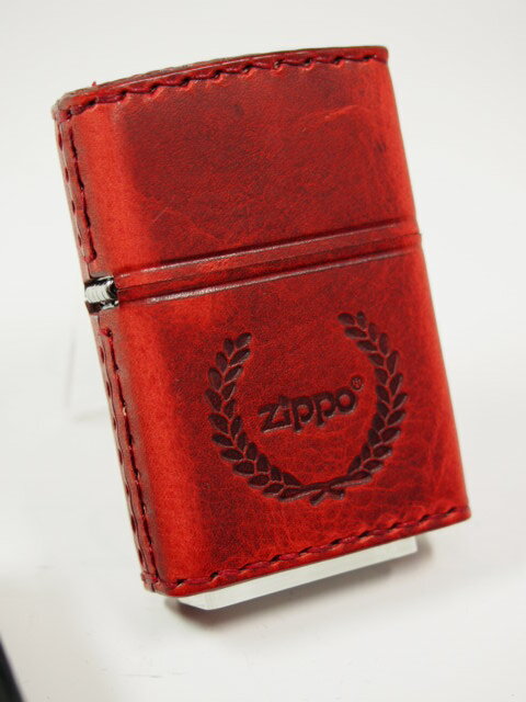 ジッポーライター: Zippo 革巻き 【 ロゴ & 月桂樹 】 レッド 赤色 ダメージ仕上げ 《レギュラー》 ☆プレーン☆ RD-7 ◆お洒落!!◆ 【楽ギフ...
