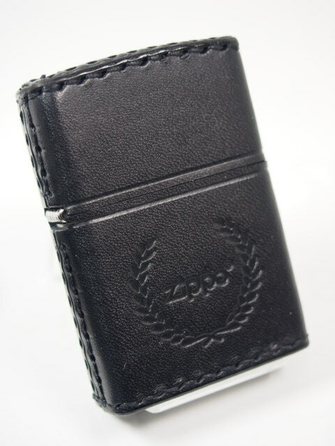 ジッポーライター: Zippo 革巻き 【 ロゴ & 月桂樹 】 ブラック 黒 無地 《レギュラー》 ☆プレーン☆ B-7 ◆お洒落!!◆ 【あす楽対応】 【楽...