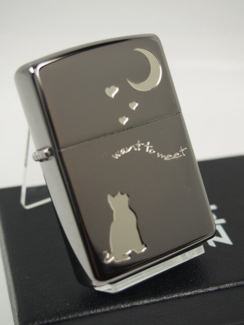 ジッポーライター: Zippo Cat ネコ 【ムーン&ハート&猫】 黒 // ブラック & シルバー // #2CAT-BNA ねこ キャット 猫 ☆レギュラ...