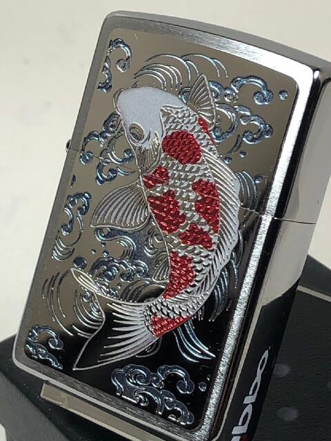ジッポーライター: NEW Zippo 昇り鯉 プレート // 縁起物 伝統 和柄 // のぼりごい 鯉 こい コイ 錦鯉 紅白 レッド #200 シルバー色 ...