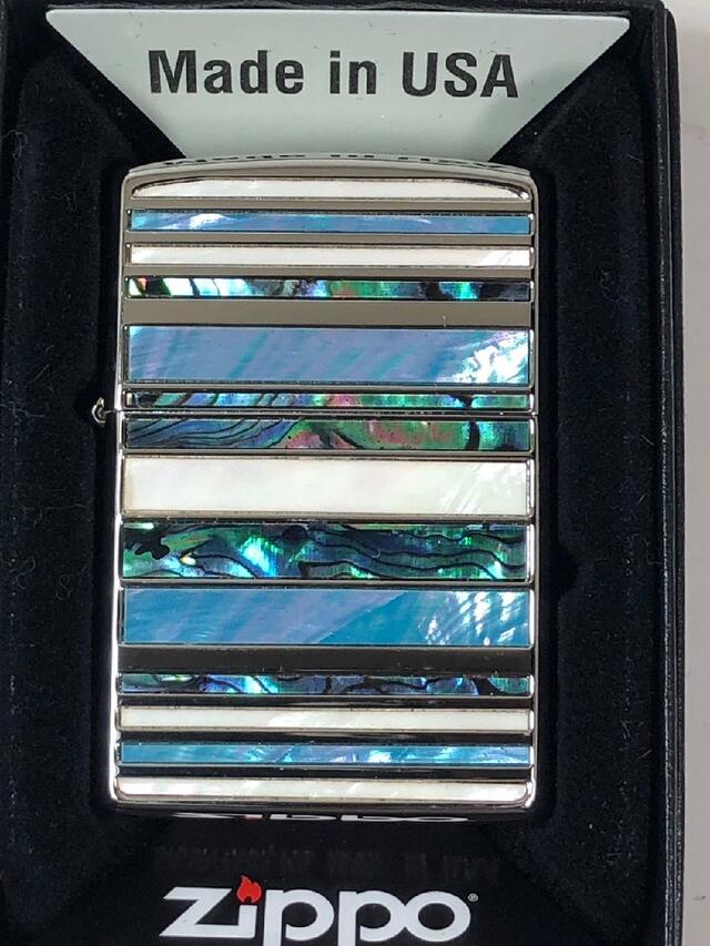ジッポーライター: Zippo Shell Inlay シェル マルチ ボーダー 貝象嵌 シェルインレイ ライン 天然貝貼り エッチング シルバー 黒蝶貝 白蝶...