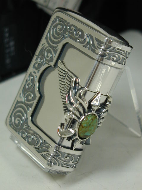 ジッポーライター: Zippo ターコイズ 天然石 【 ストーン サイドウィング メタル 】 3面連続 ウイング 唐草メタル ☆シルバー☆ 《超豪華!!》 【あ...