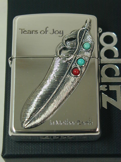 ジッポーライター: 絶版 Zippo NM-フェザー インディアン ネイティブ アメリカン 《ターコイズ&サンゴ》 メタル&ストーン 【天然石 】 ブルー&レッ...