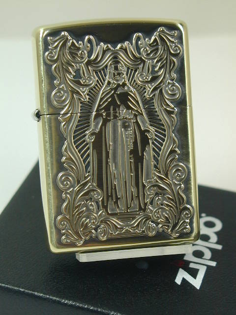 ジッポーライター: Zippo アラベスク 【マリア】 //ディープ エッチング// ◆クロス◆ 真鍮 ブラス燻し 深堀 《両面加工》 【レギュラー】 ☆綺麗!...