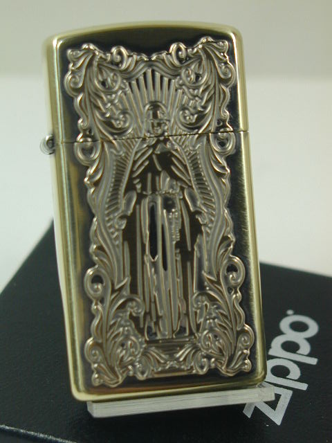 ジッポーライター: Zippo アラベスク 【マリア】 //ディープ エッチング// ◆クロス◆ 真鍮 ブラス燻し 深堀 《両面加工》 【スリム】 ☆綺麗!!☆...