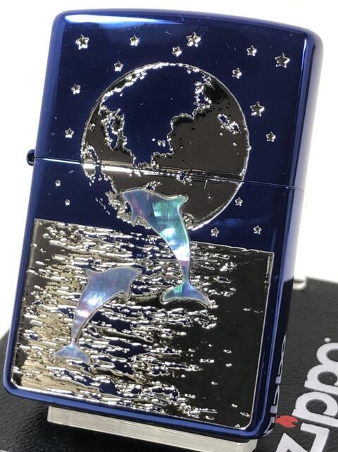 ジッポーライター: Zippo イルカ 宇宙 Dolphin Planet // シェル ドルフィン // 青銀 #200 地球 海 星 【イオンブルー&シルバ...